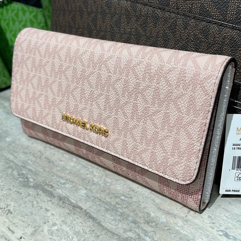 Michael Kors Jet Set Large Logo Trifold Wallet Powder Blush Multi NWT